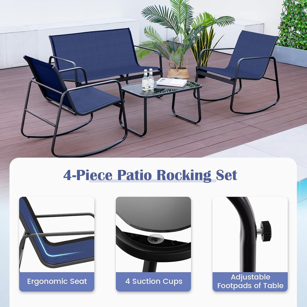 Tangkula 8 Piece Rocking Patio Furniture Set, 4 Rocking Chairs & 2 Loveseat with Glass-Top Table, Patio Rocking Set with Smooth Rocking Motion, Outdoor Rocker Conversation Set for Porch, Yard