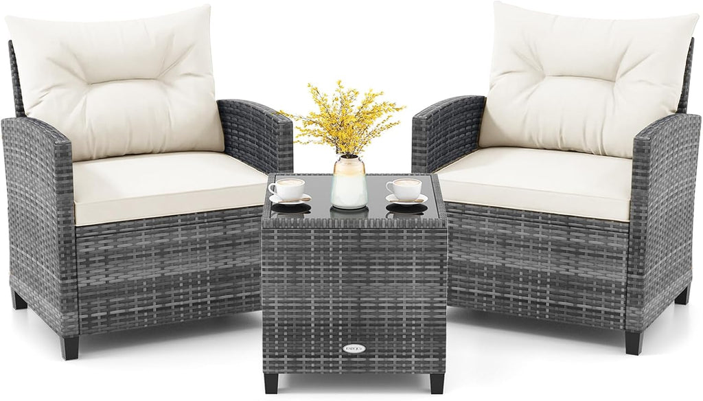 KOTEK 3 Piece Patio Furniture Set, Outdoor PE Rattan Conversation Set with Washable Cushions & Tempered Glass Tabletop, Wicker Chairs and Table Set for Porch, Garden, Balcony (White)