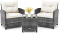 KOTEK 3 Piece Patio Furniture Set, Outdoor PE Rattan Conversation Set with Washable Cushions & Tempered Glass Tabletop, Wicker Chairs and Table Set for Porch, Garden, Balcony (White)
