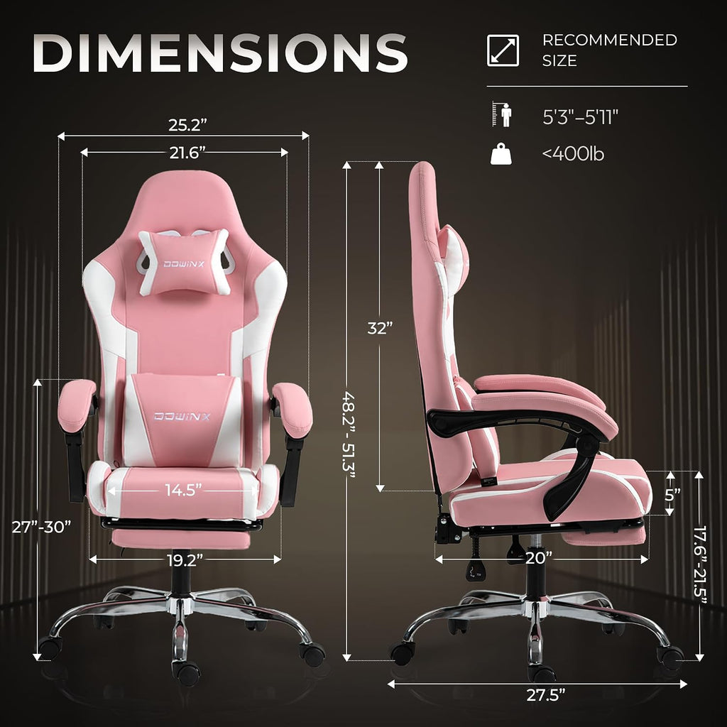 Pink Gaming Chair with Footrest and Massage Lumbar Support, Ergonomic Reclining Computer Chair 330lbs with Adjustable Height and Headrest Pillow, Cute Aesthetic Esports Chair for Girls, Pink