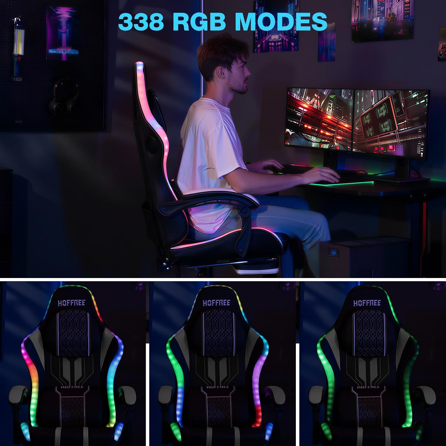 HOFFREE LED Gaming Chair with Bluetooth Speakers Massage Gaming Chair with RGB Lights Big and Tall Game Chairs for 400lbs Heavy People High Back Computer Desk Chair with Footrest White and Black