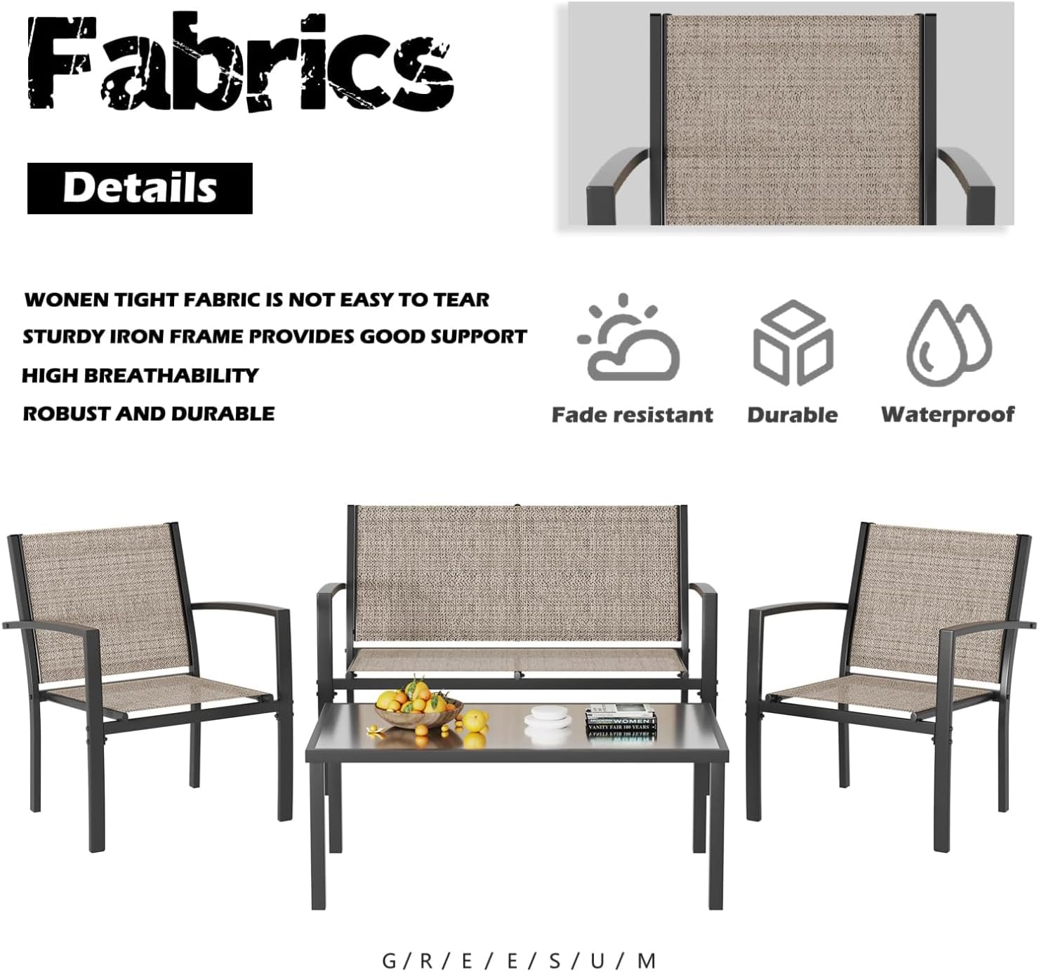 Greesum 4 Pieces Patio Furniture Set, Outdoor Conversation Sets for Patio, Lawn, Garden, Poolside with A Glass Coffee Table, Brown