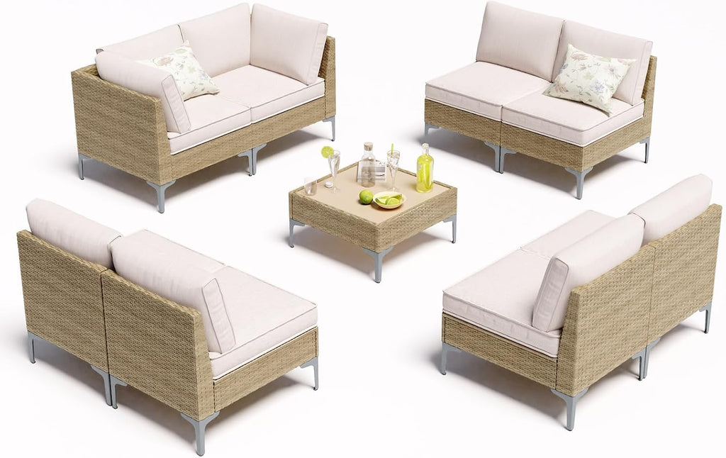 JOYURE 9 Piece Wicker Patio Furniture Set,Outdoor Conversation Sectional Sofa w/Coffee Table,All-Weather Outdoor Sofa with Thick and Anti-Slip Cushions for Deck,Poolside,Garden,Beige