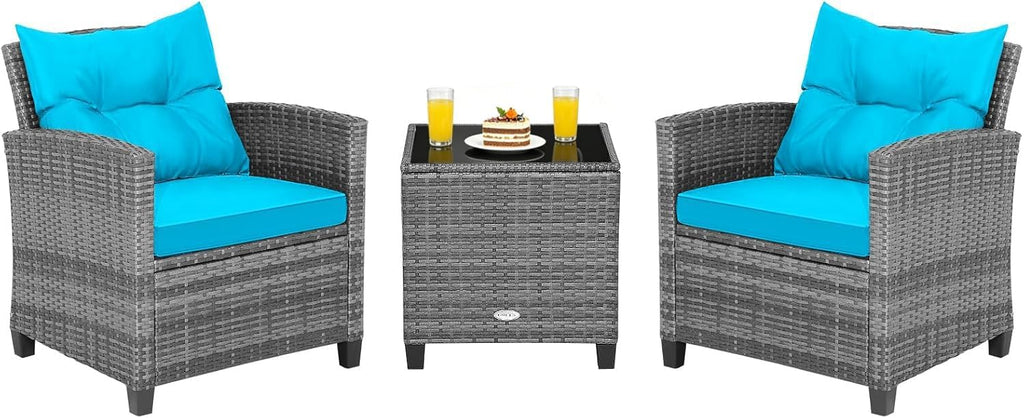 COSTWAY 3PCS Patio Furniture Set, PE Rattan Wicker Sofa w/Washable Cushion and Coffee Table, Tempered Glass Tabletop, Outdoor Conversation Set for Balcony, Porch, Yard, Backyard, Lawn, Turquoise