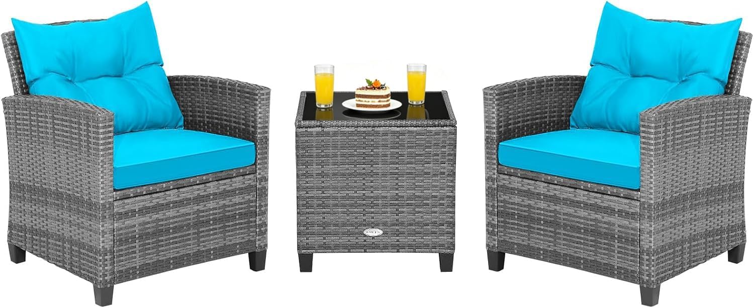COSTWAY 3PCS Patio Furniture Set, PE Rattan Wicker Sofa w/Washable Cushion and Coffee Table, Tempered Glass Tabletop, Outdoor Conversation Set for Balcony, Porch, Yard, Backyard, Lawn, Turquoise