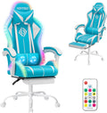 RGB Gaming Chair with LED Lights Massage Game Chair with Footrest Ergonomic Computer Chair High Back Video Game Chair with Adjustable Lumbar Support Linkage Armrest Blue and White