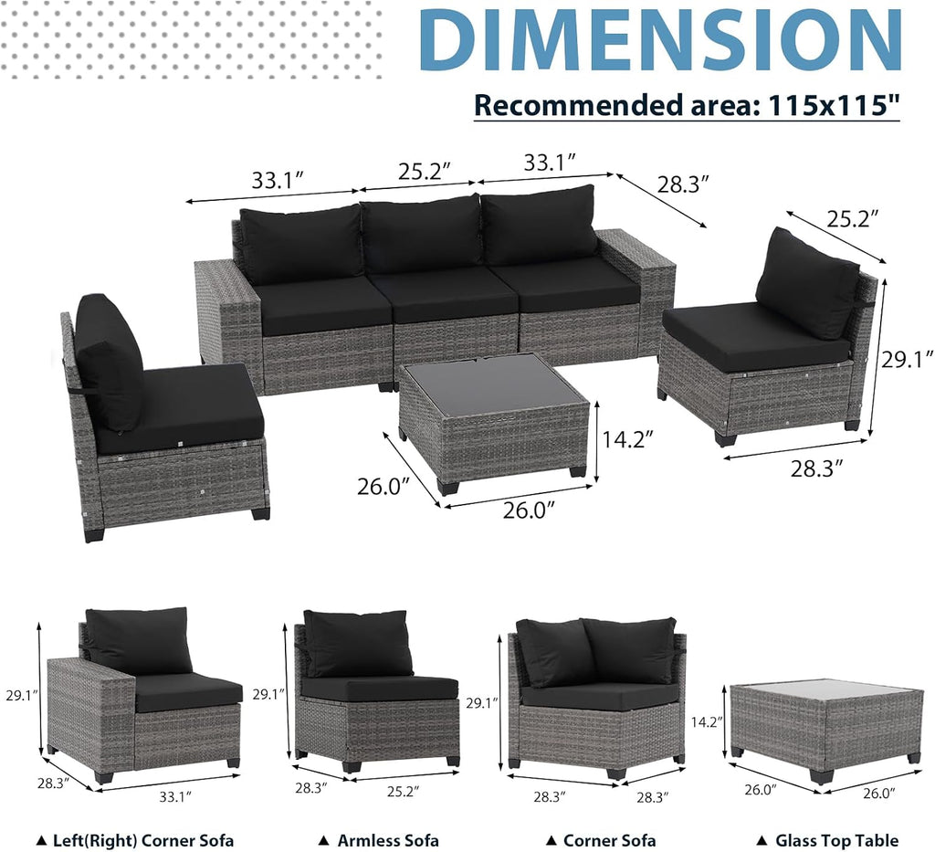 JOIVI 6 Pieces Outdoor Patio Furniture Set, Rattan Patio Conversation Set with Coffee Table, L-Shaped Wicker Outdoor Sectional Sofa Set with Wide Armrest and Cushions for Garden, Deck, Porch, Black