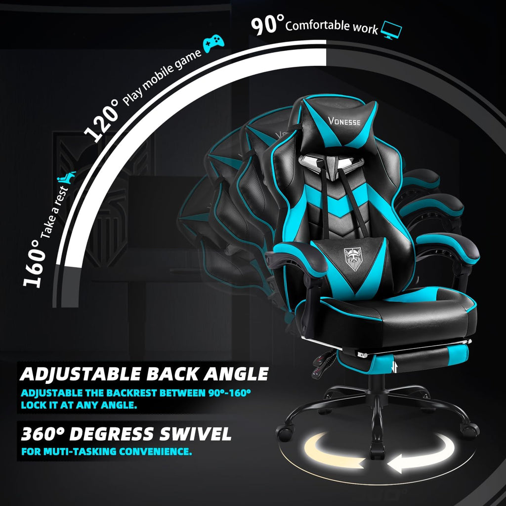 Vonesse Gaming Chair, High Back Gaming Chair with Footrest and Massage, Gaming Chairs for Adults with Pocket Spring Cushion, Big and Tall Reclining Computer Chair with Lumbar Support (Cyan/Black)
