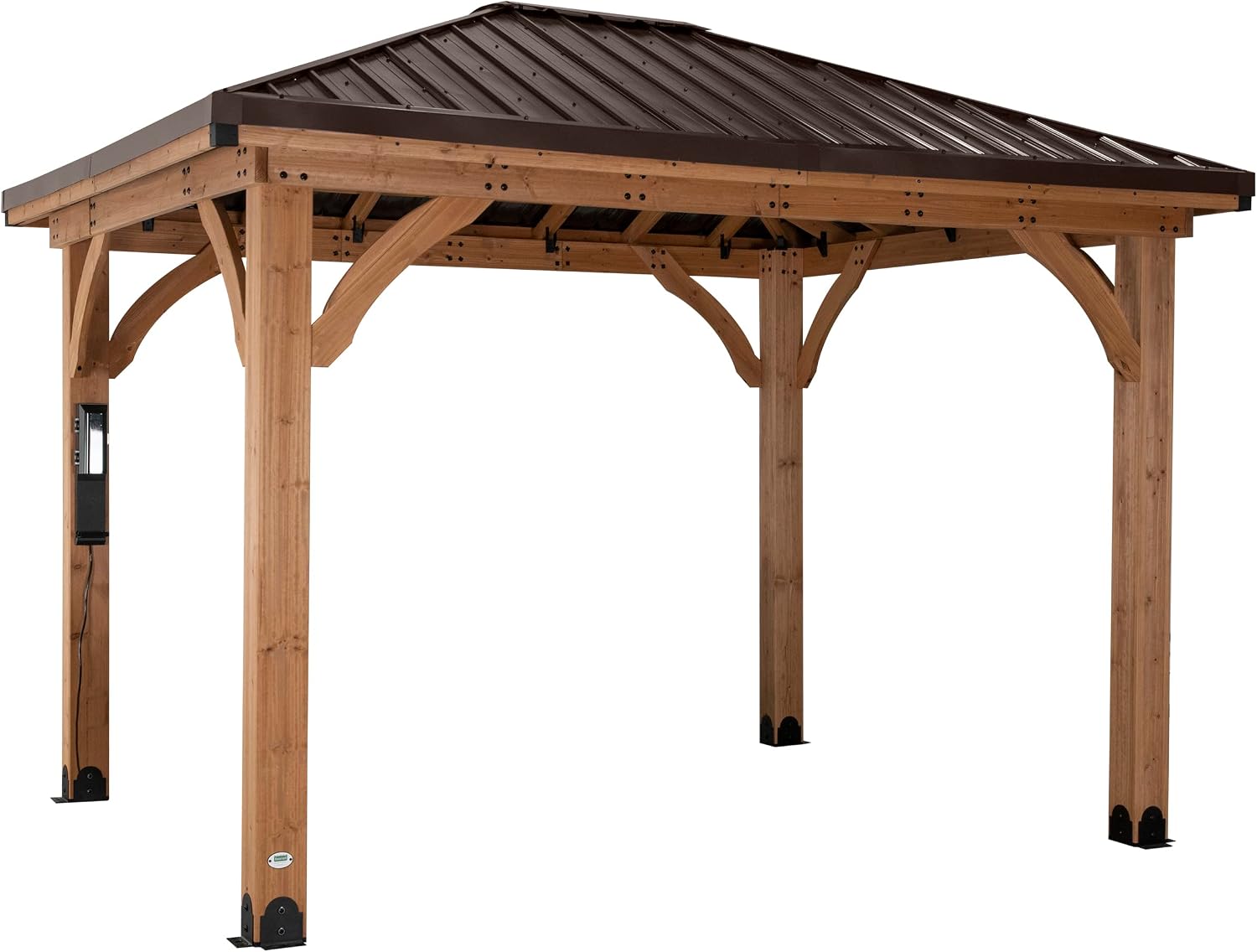 Backyard Discovery Barrington 12' x 10' Cedar Wood Outdoor Gazebo Pavilion with Hardtop Galvanized Steel Hip Roof, Snow Support, Wind Resistance, PowerPort, Shade for Garden, Patio, Deck, Entertaining