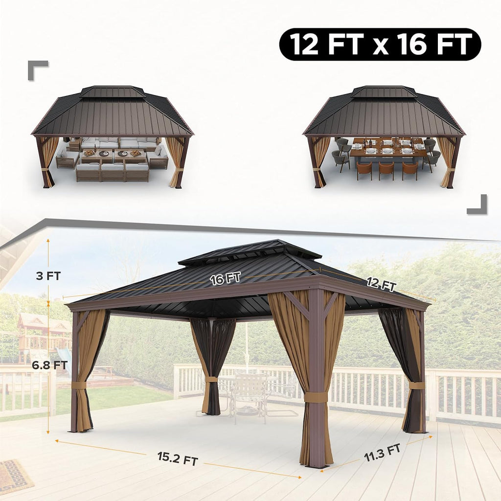COOS BAY 12x16 Hardtop Gazebo with Aluminum Frame, Galvanized Steel Double Roof Outdoor Pavilion with Netting and Curtains, Black