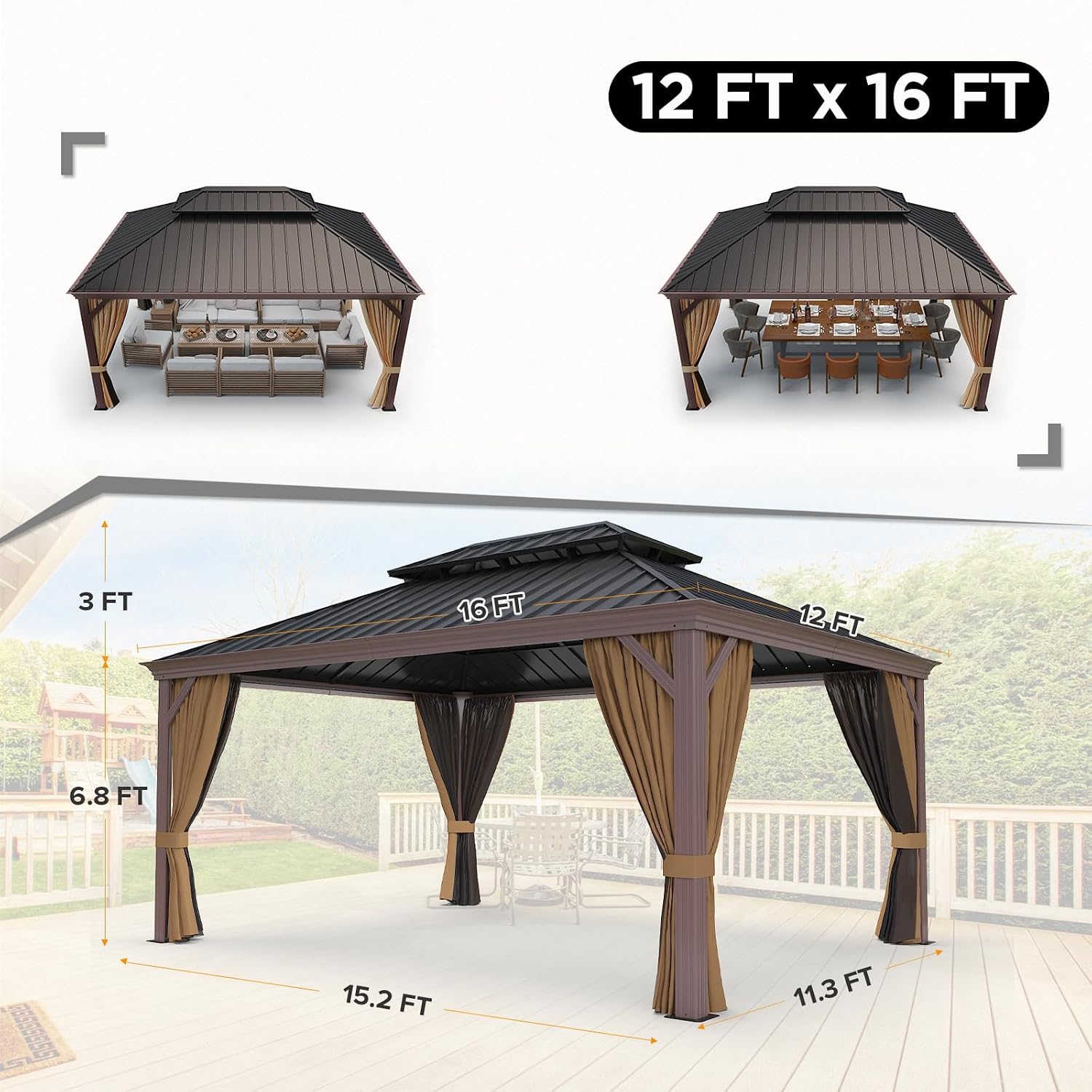 COOS BAY 12x16 Hardtop Gazebo with Aluminum Frame, Galvanized Steel Double Roof Outdoor Pavilion with Netting and Curtains, Black