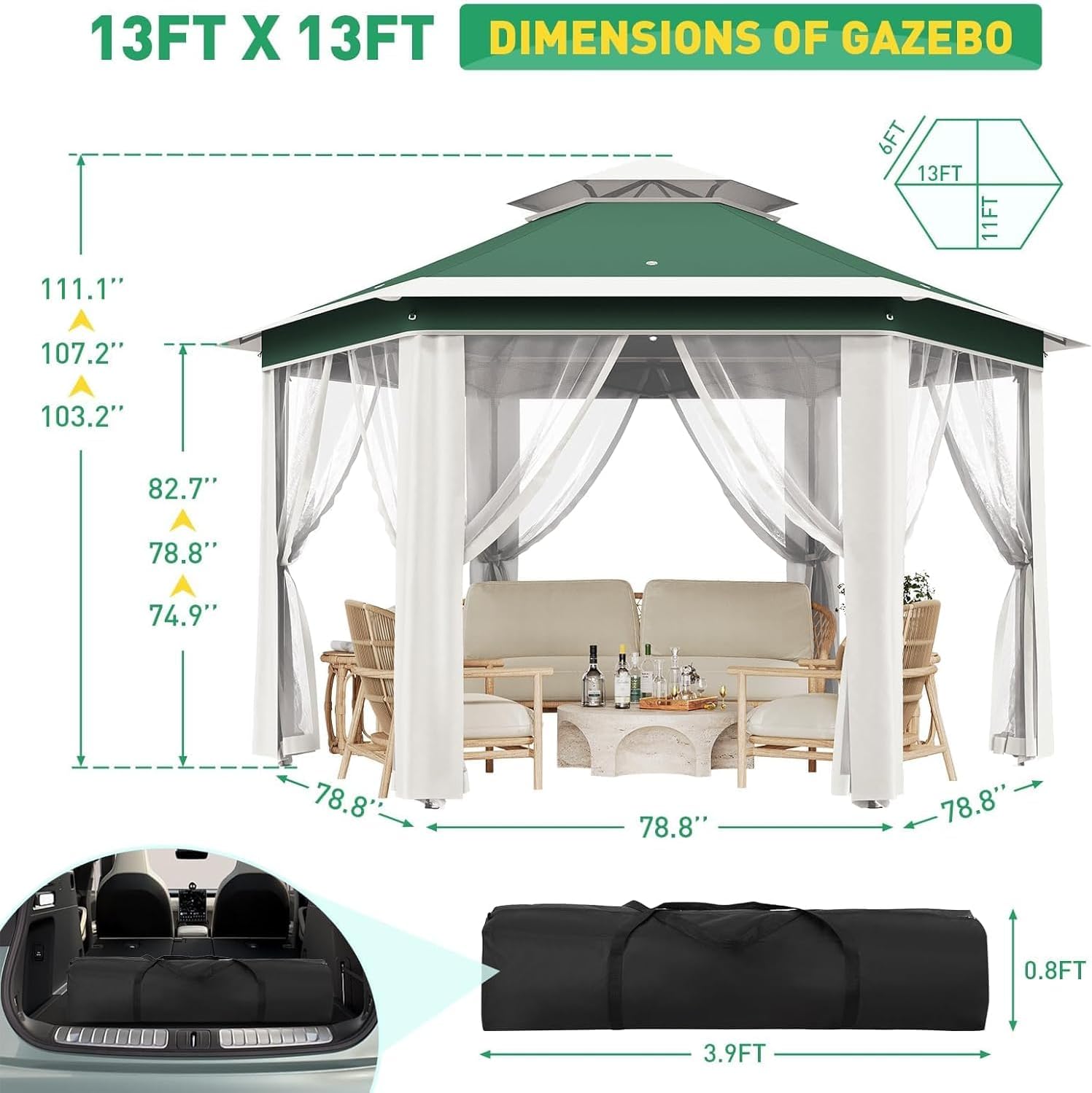 13x13ft Pop Up Gazebo, Outdoor Gazebo with 6 Pieces of Mesh Cloth, Zipper Door & Double Roof, Adjustable Tent Pavilion, UV-Resistant Outdoor Party Tent for Patio, Backyard, Garden (Green with Beige)