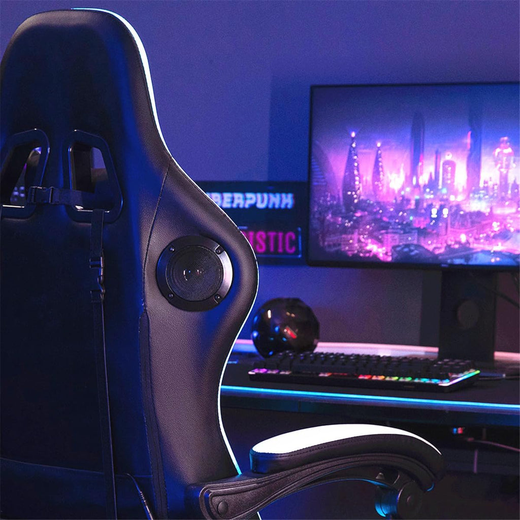 HOFFREE Gaming Chair Massage with Bluetooth Speakers and Led Lights Ergonomic Computer Gaming Chair with Footrest RGB Video Game Chair with High Back Lumbar Support White and Black