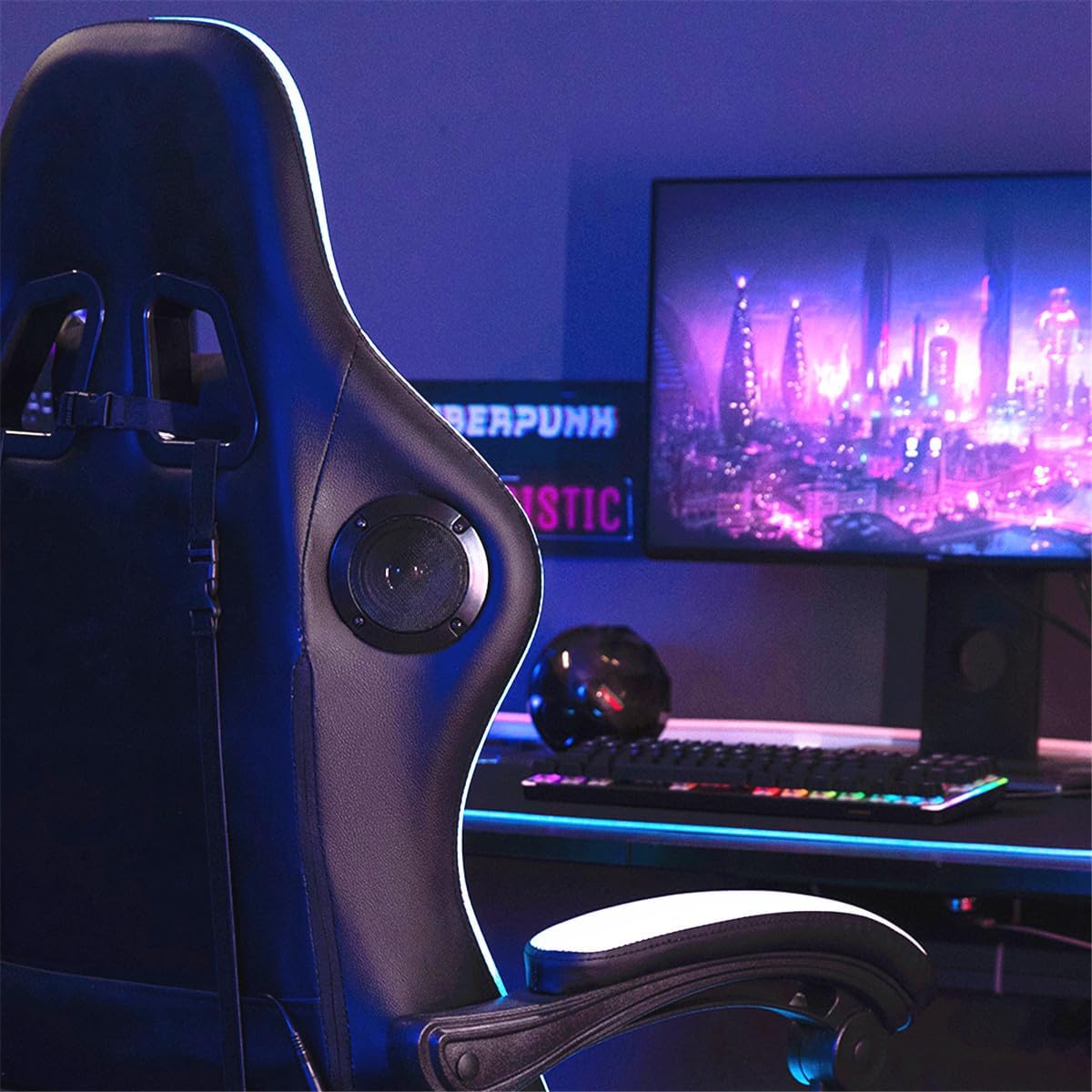 HOFFREE Gaming Chair Massage with Bluetooth Speakers and Led Lights Ergonomic Computer Gaming Chair with Footrest RGB Video Game Chair with High Back Lumbar Support White and Black