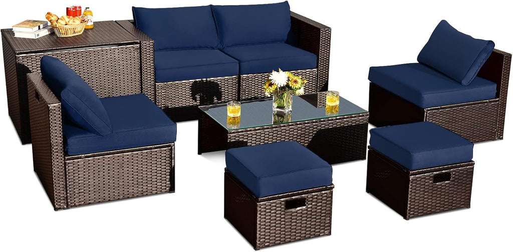 Tangkula 8 Piece Patio Furniture Set, Patiojoy Outdoor Space Saving PE Rattan Sectional Sofa Set for 6 with Waterproof Cover, for Garden, Deck, Poolside and Balcony (Navy)