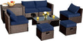 Tangkula 8 Piece Patio Furniture Set, Patiojoy Outdoor Space Saving PE Rattan Sectional Sofa Set for 6 with Waterproof Cover, for Garden, Deck, Poolside and Balcony (Navy)