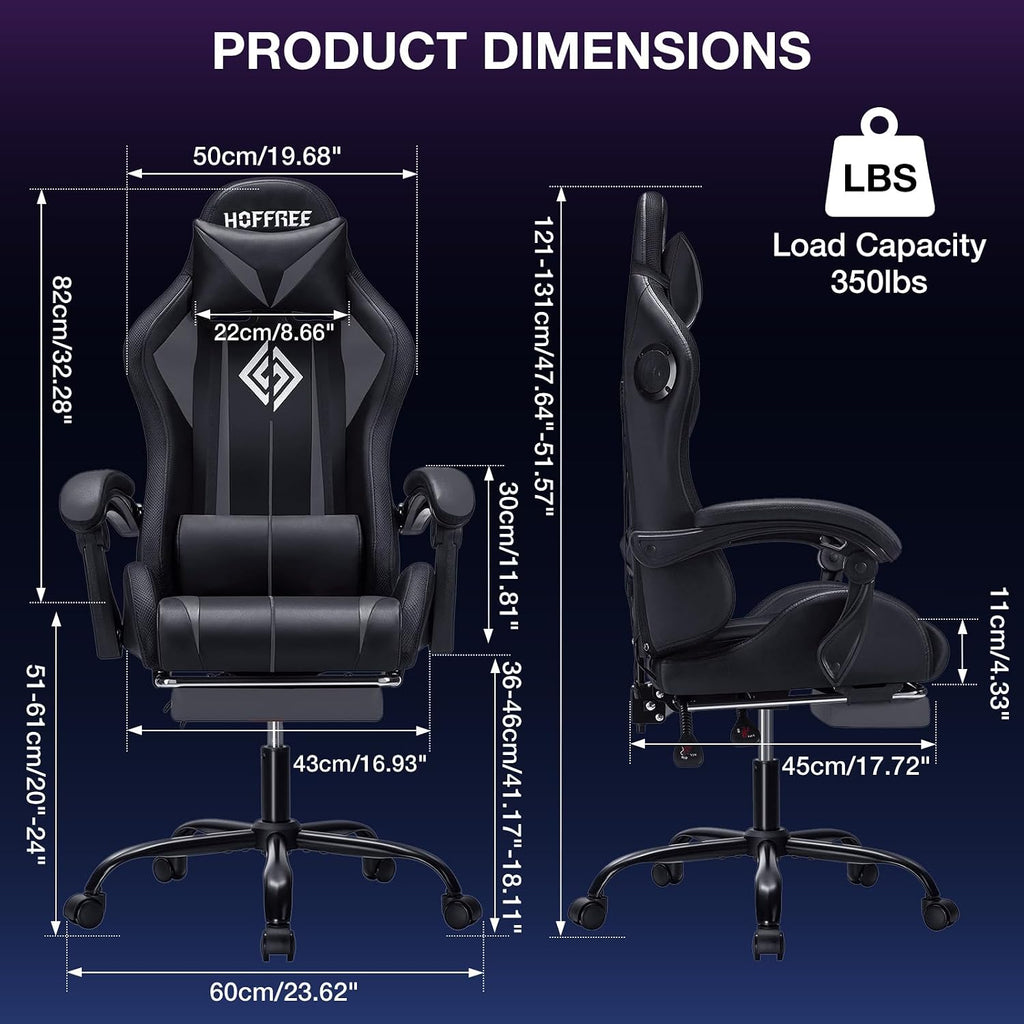 HOFFREE RGB Gaming Chair with Speakers Massage Computer Gaming Chair with LED Lights and Footrest High Back Video Game Chair for Adults Grey and Black