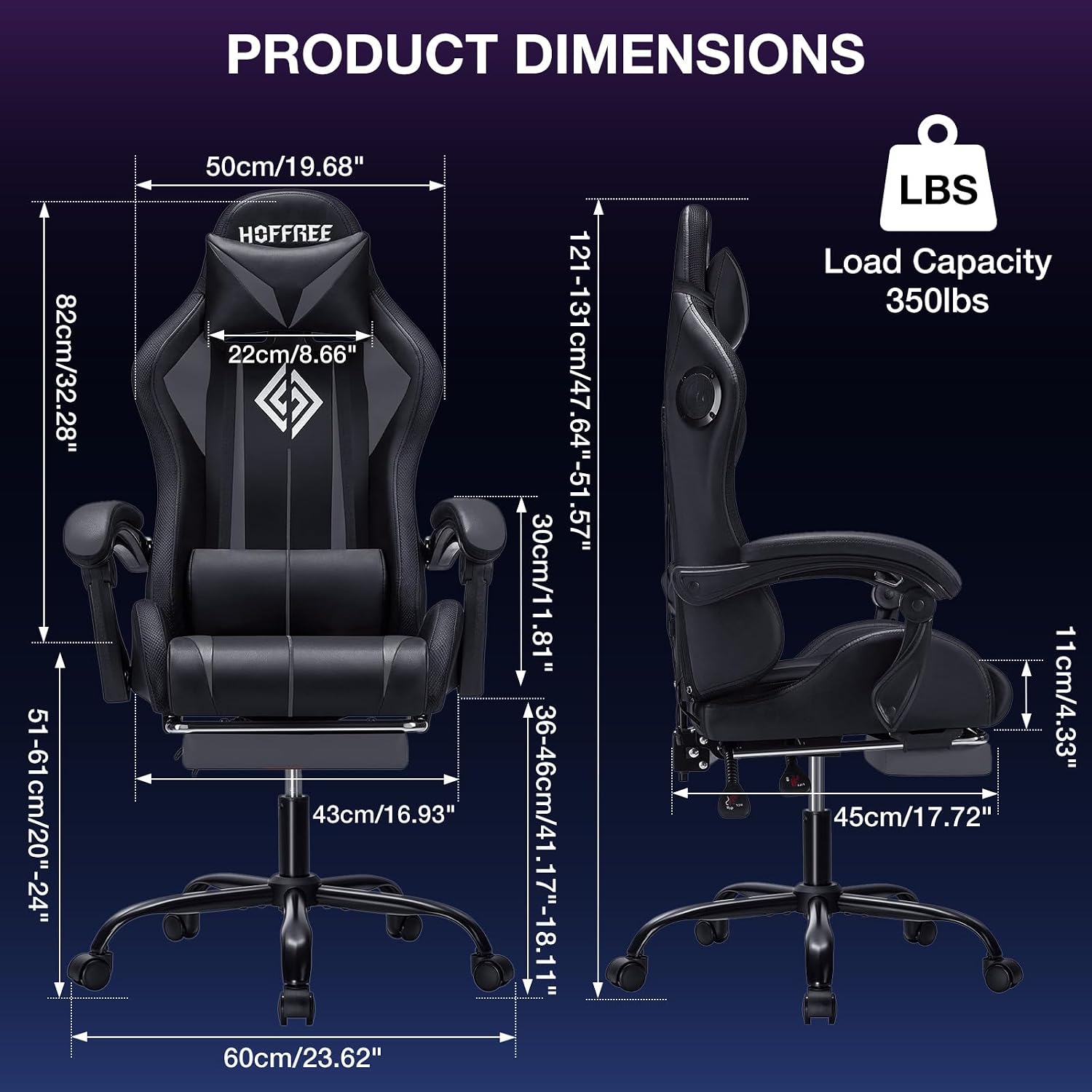 HOFFREE RGB Gaming Chair with Speakers Massage Computer Gaming Chair with LED Lights and Footrest High Back Video Game Chair for Adults Grey and Black