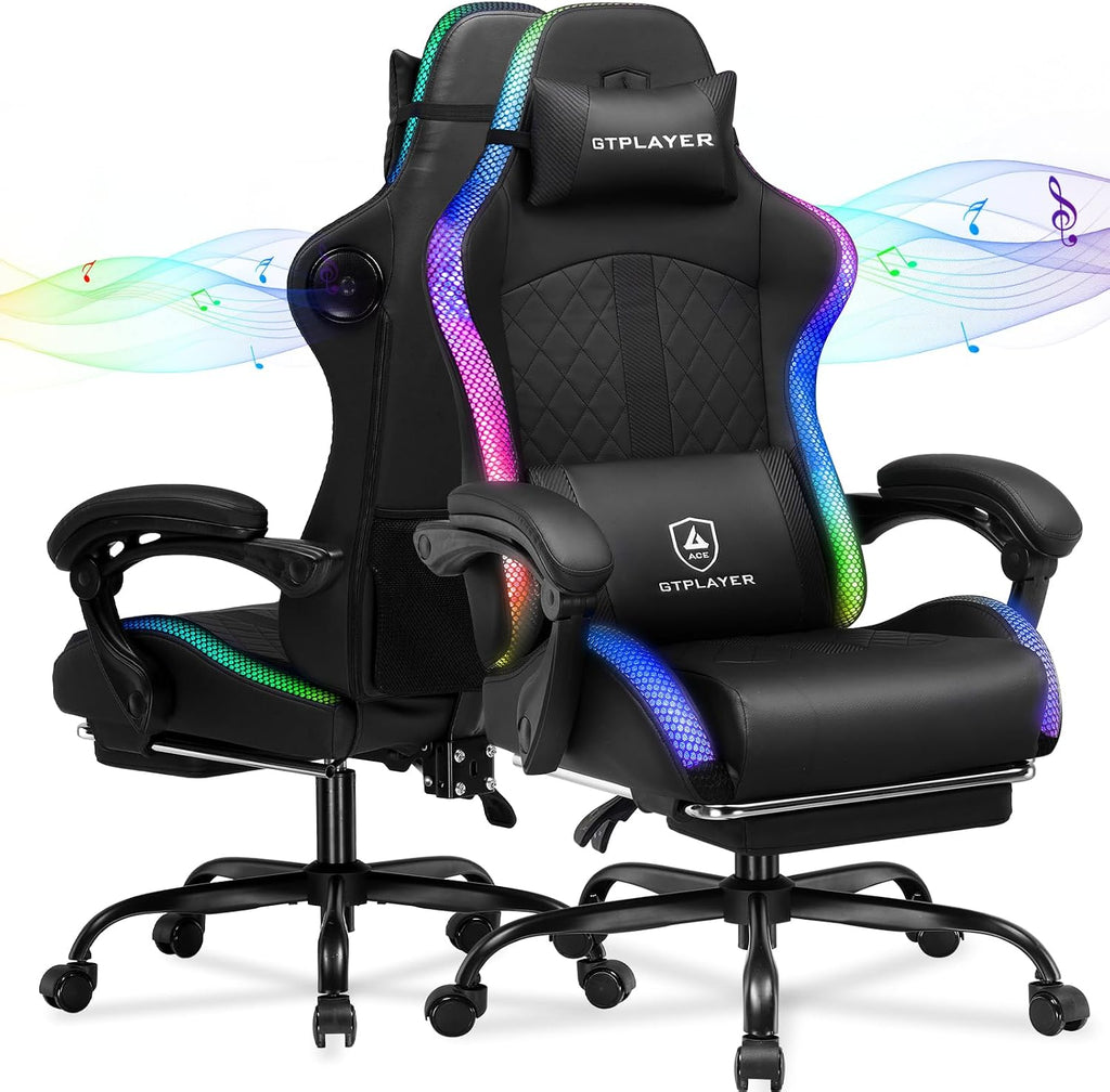 GTPLAYER RGB Gaming Chair with Speakers - LED Computer Game Chair for Adults, PC Home Office Chairs with Footrest & Lights, Reclining Desk Chairs, Dark Black