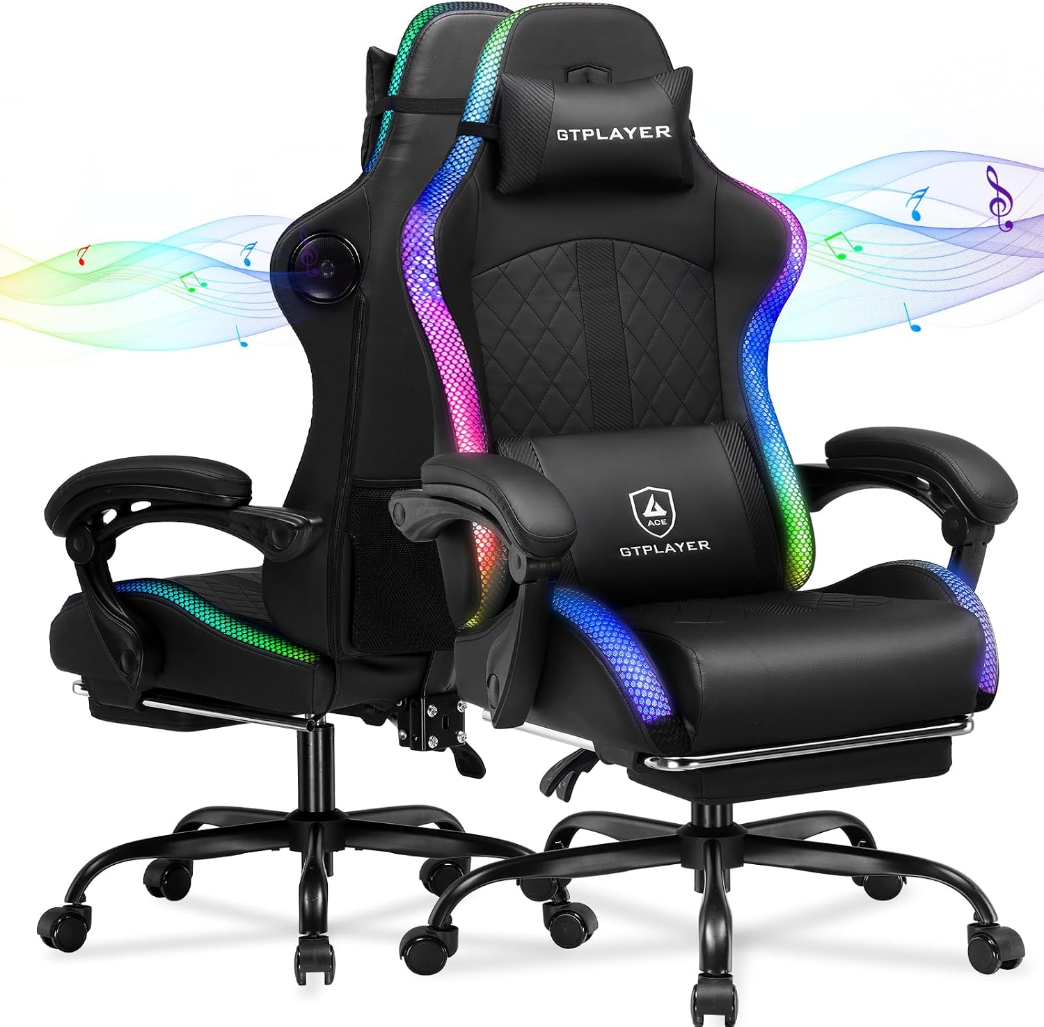 GTPLAYER RGB Gaming Chair with Speakers - LED Computer Game Chair for Adults, PC Home Office Chairs with Footrest & Lights, Reclining Desk Chairs, Dark Black