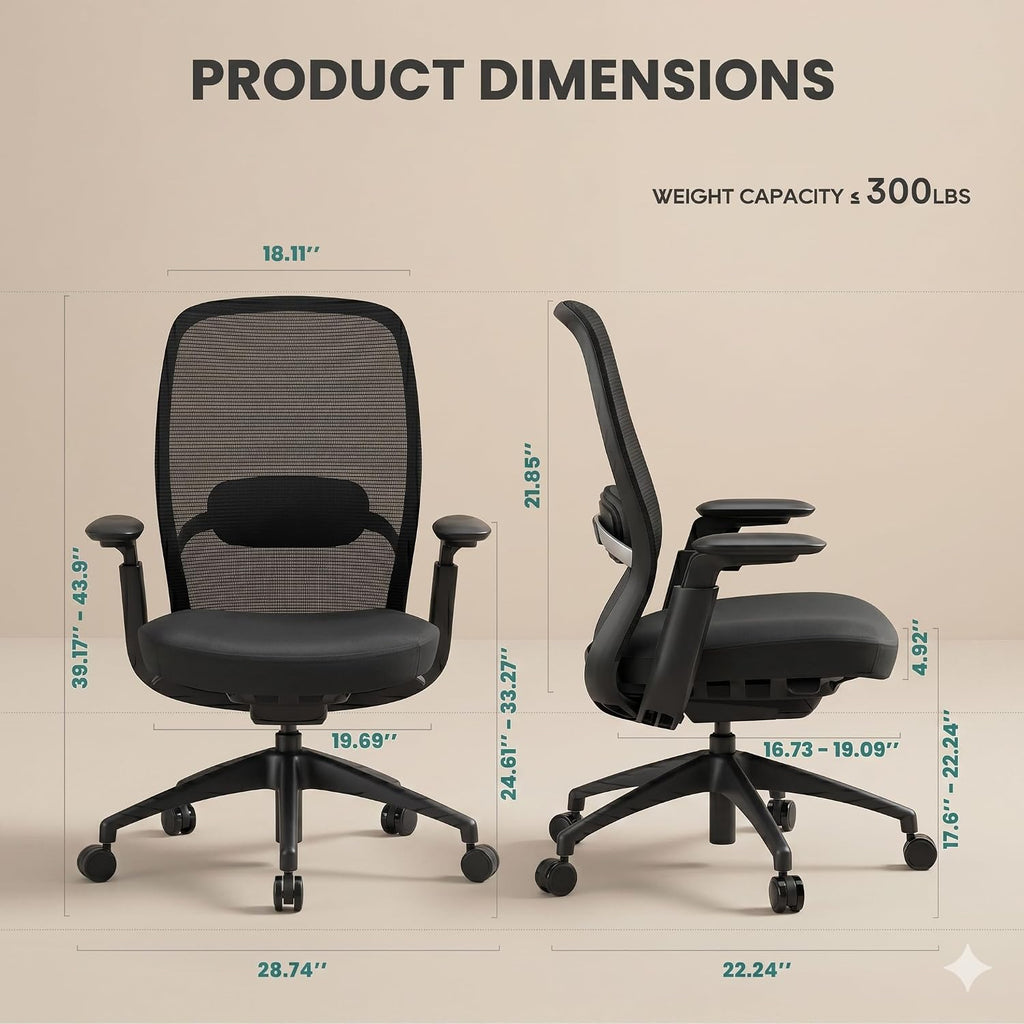COLAMY Office Chair for Long Hours, Easy Wire-Control Desk Chair with Sliding Seat Depth & Thick Padded Lumbar Support, Heavy Duty 300 LBS High Back Mesh Computer Chair for Home Workstation,Black