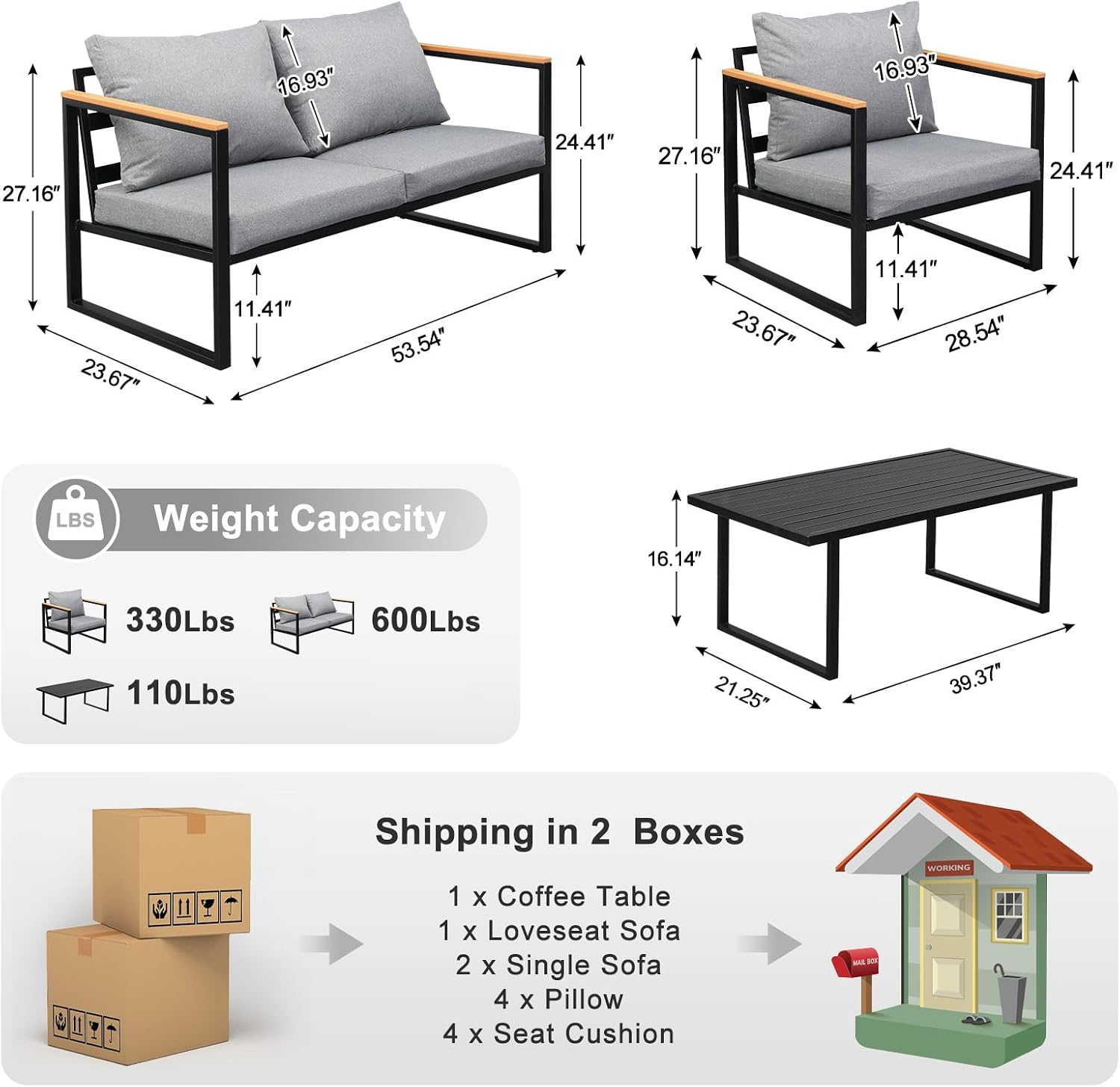 VINGLI Outdoor Metal Patio Furniture Sets 4-Piece, Sectional Outdoor Conversation Sets w/Iron Coffee Table, Patio Couch with Removable Cushion for Porch, Garden, Poolside