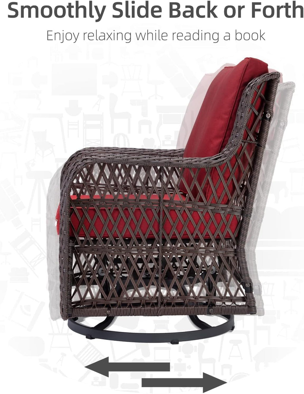 GarveeHome 3-Piece Outdoor Wicker Rattan Swivel Rocking Chair Set with Armored Glass Side Table & Premium Cushions - 360° Swivel Patio Furniture for Backyard, Porch, Deck, Balcony, Garden, Red