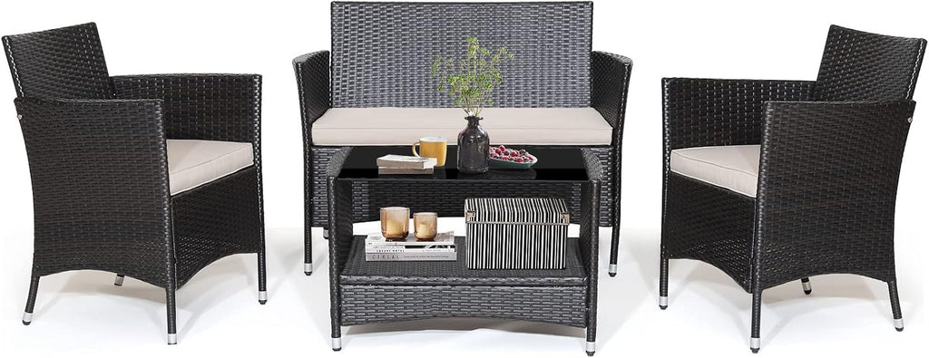 Tangkula 4 Pieces Patio Furniture Set, Patiojoy Outdoor PE Wicker Conversation Set with Soft Cushions and Tempered Glass Tabletop, Outdoor Garden Furniture Set with 2-Tier Coffee Table (Brown)