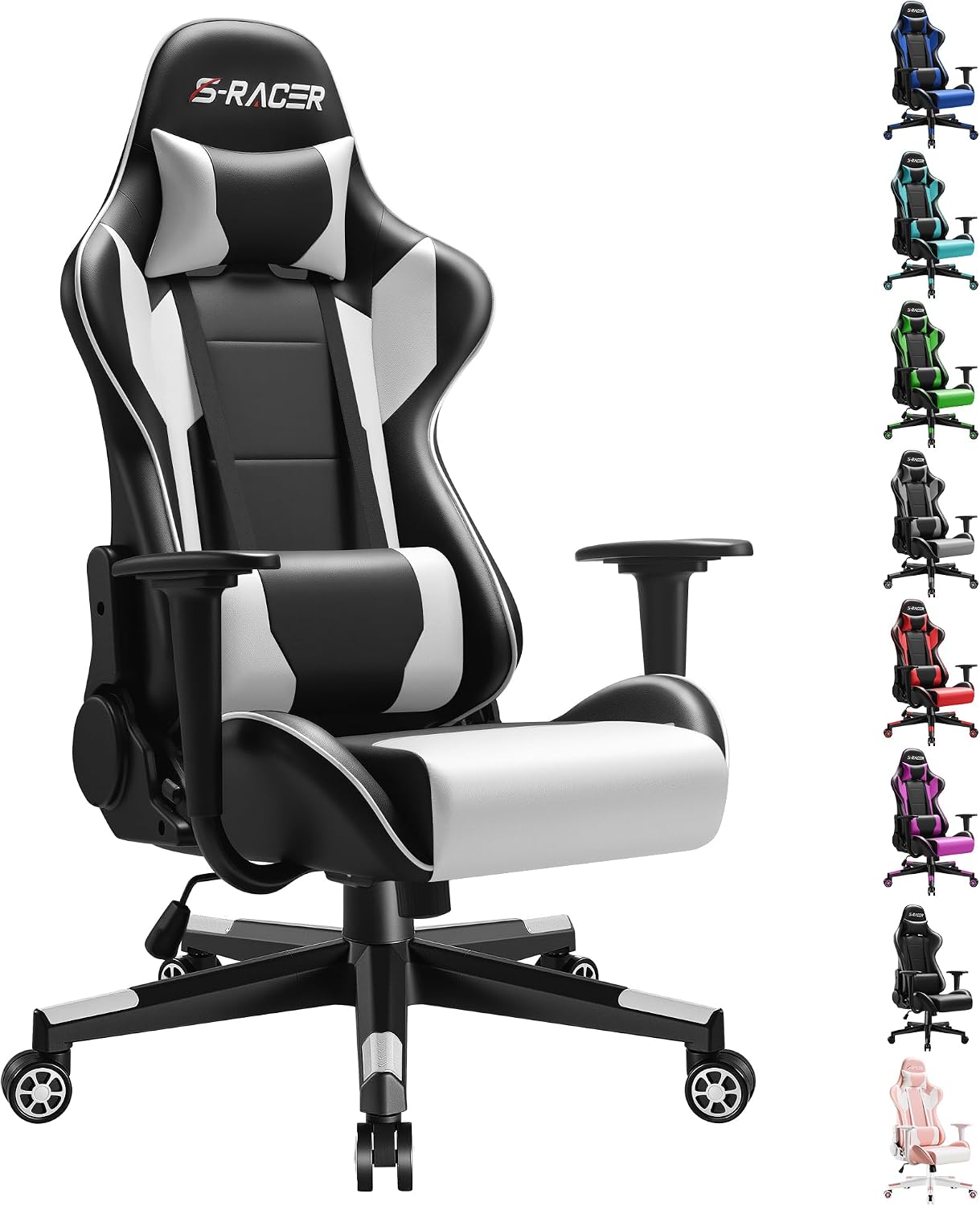 Furniwell Gaming Chair PU Leather Office Chair High Back Computer Desk Chair Adjustable Swivel Racing Executive Leather Ergonomic Task with Headrest and Lumbar Support (White)