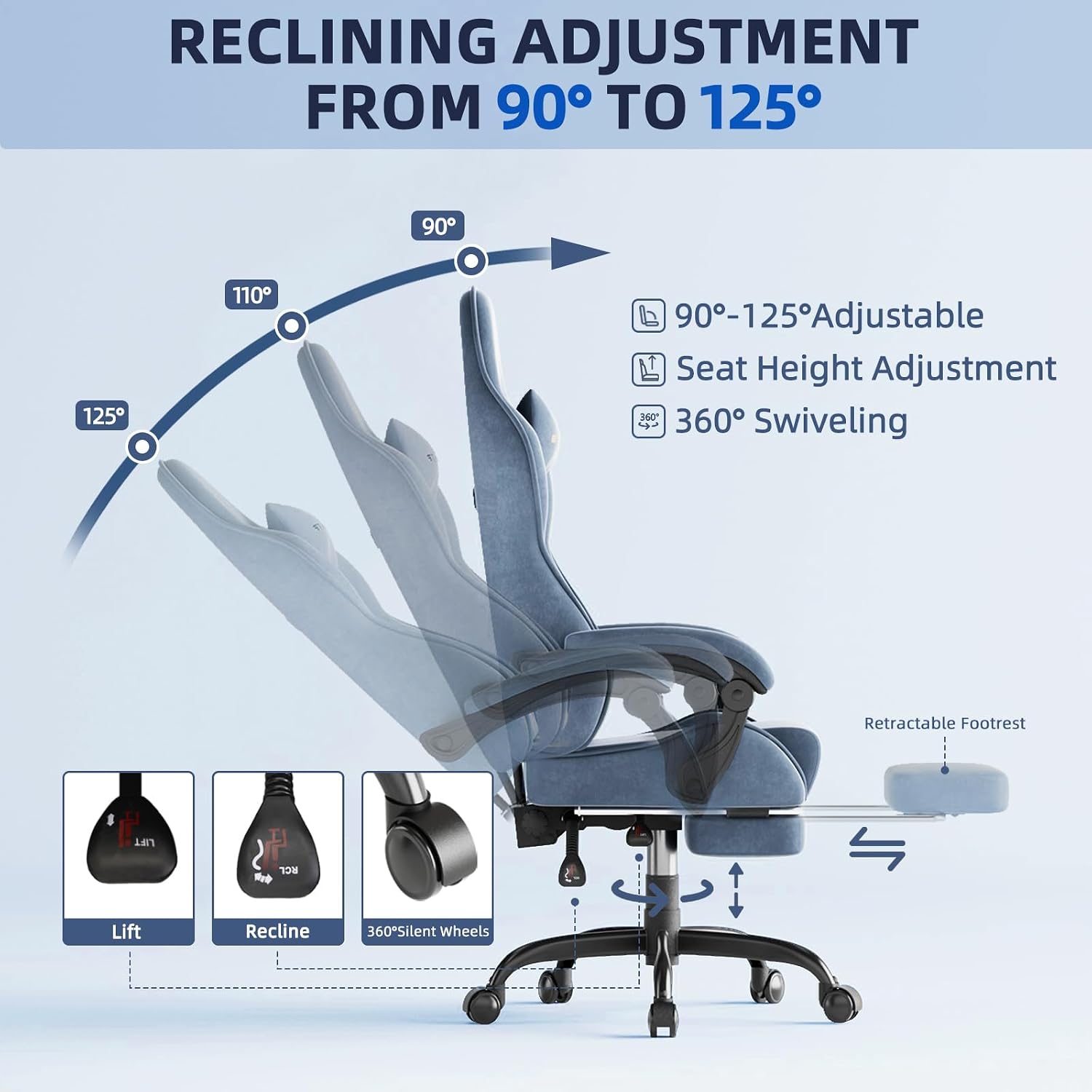 Ferghana Velvet Fabric Gaming Chair, High Back Ergonomic Gamer Chair for Adult, Comfortable Video Game Chair with Footrest and Massage Lumbar Cushion, Racing Reclining Office Computer Desk Chair Grey