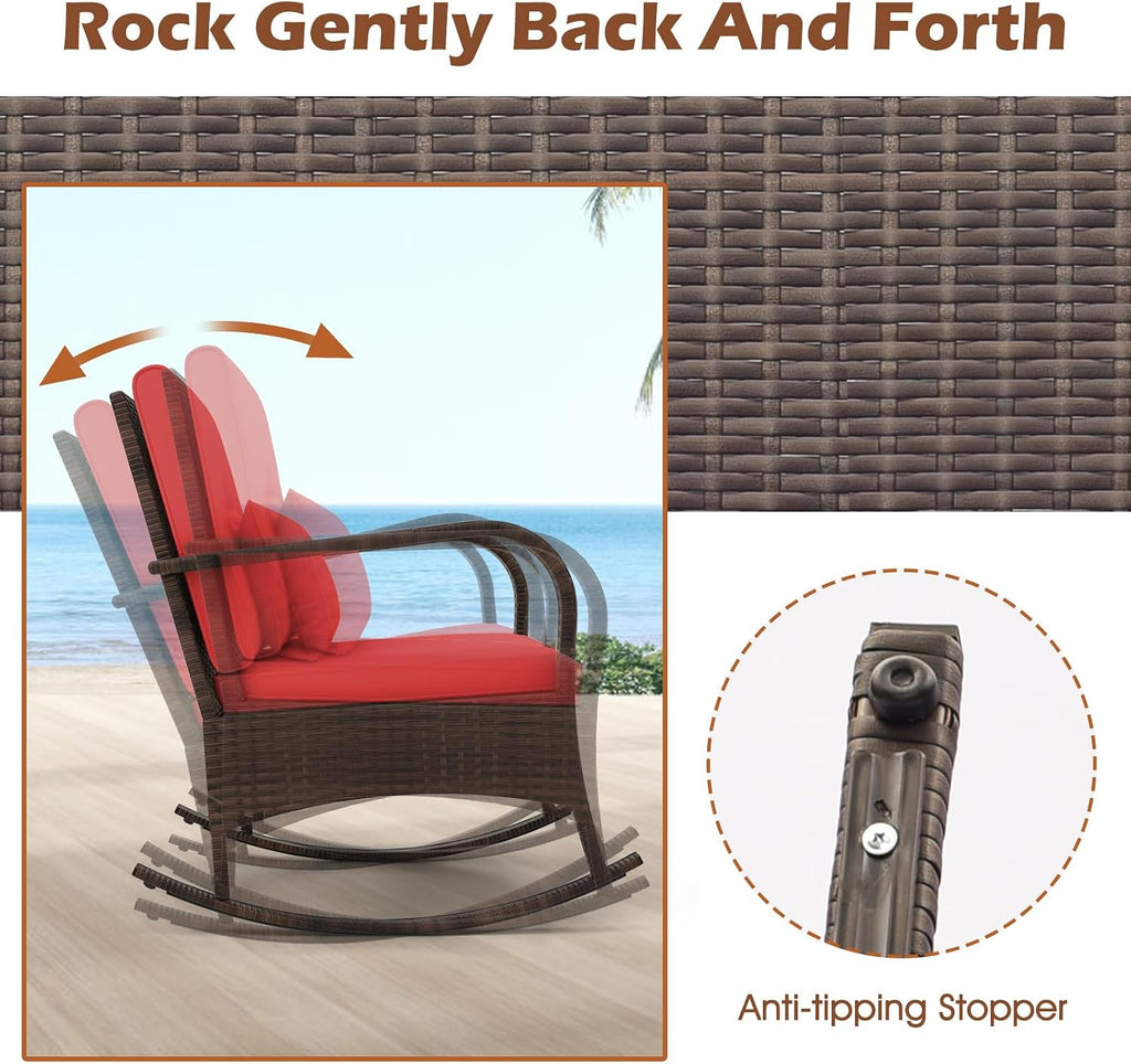 ORALNER 3 Pieces Patio Furniture Set, Outdoor Wicker Rocking Chairs with Cushions, Pillows, Glass Coffee Table, Rattan Bistro Rocker Set for Balcony Front Porch Poolside Garden Deck Yard (Red)