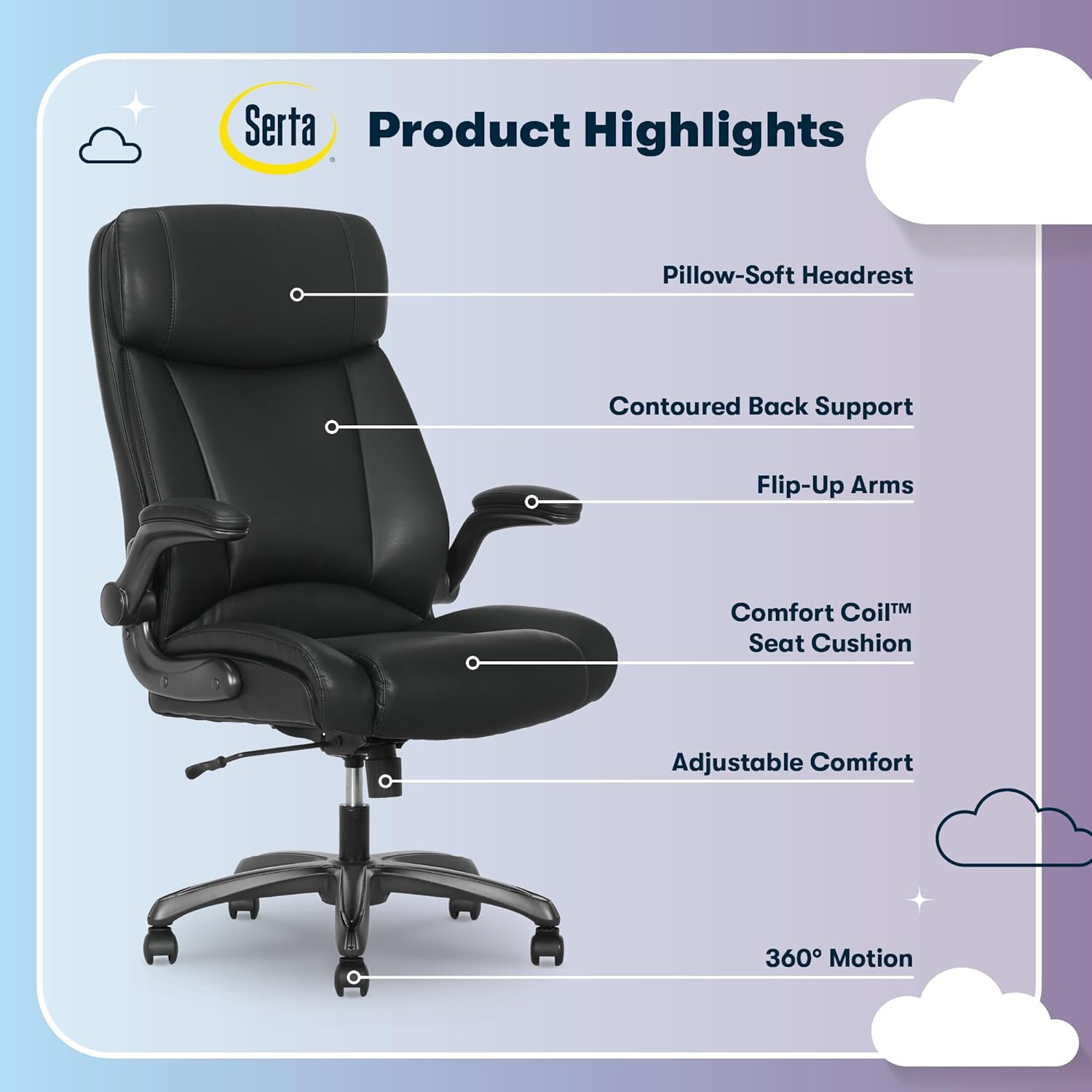 Serta Torrington Big & Tall Office Chair, with Flip-Up Padded Armrests, Ultra-Comfortable ComfortCoils Seat Cushion Technology, Modern Executive Premium PU Desk Chair, Black