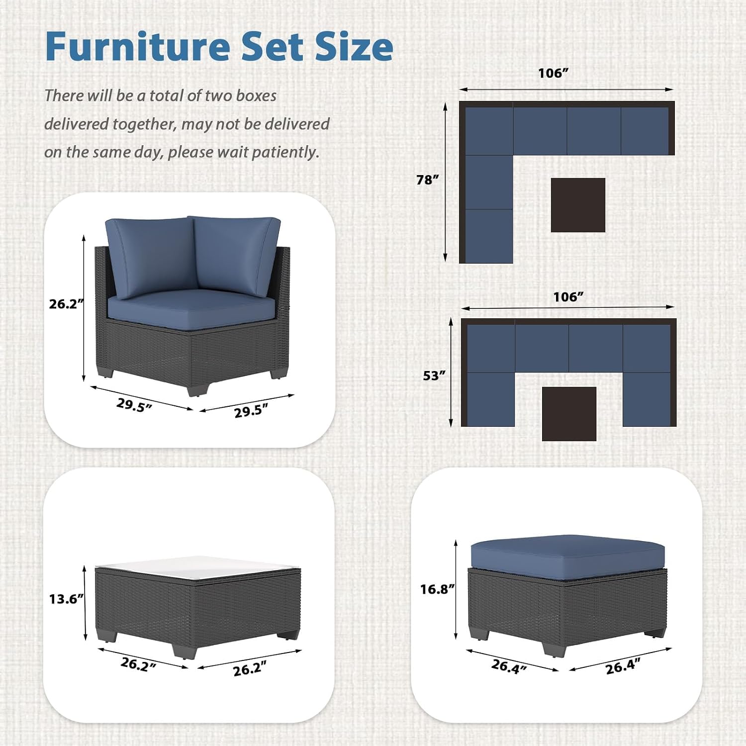 AECOJOY 7 Piece Outdoor Patio Furniture Set, Outdoor Sectional Conversation Furniture Chair with Coffee Table, Patio Sectional for Backyard, Garden(Navy Cushions and Black Rattan, with Cover)