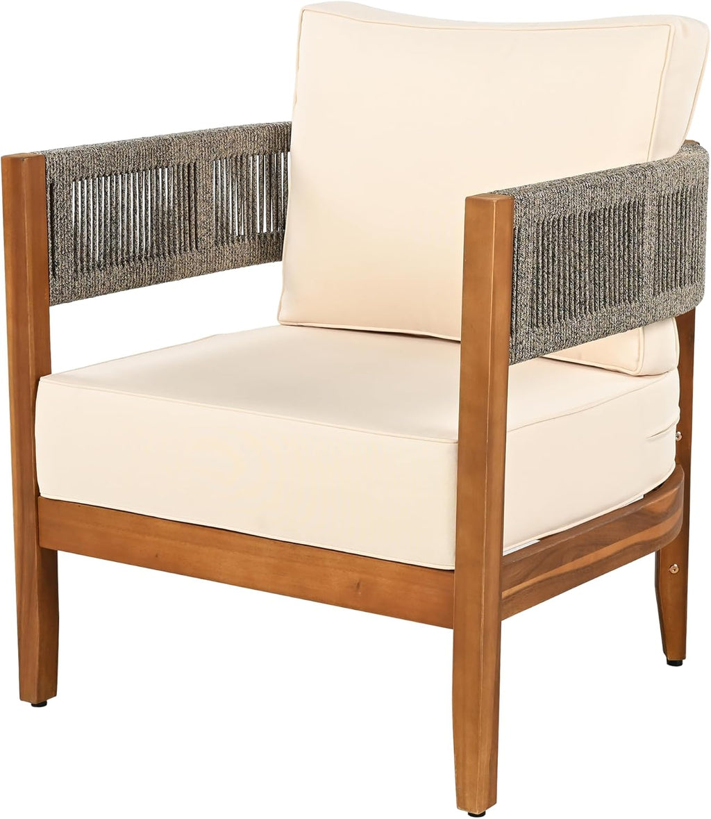 Christopher Knight Home Rekker Acacia Wood Outdoor Club Chair Set of 2, Patio Accent Chair with Removable Cushion, Patio Furniture Set Comfy Reading Chair, Wooden Single Lounge Sofa Set, Teak+Beige