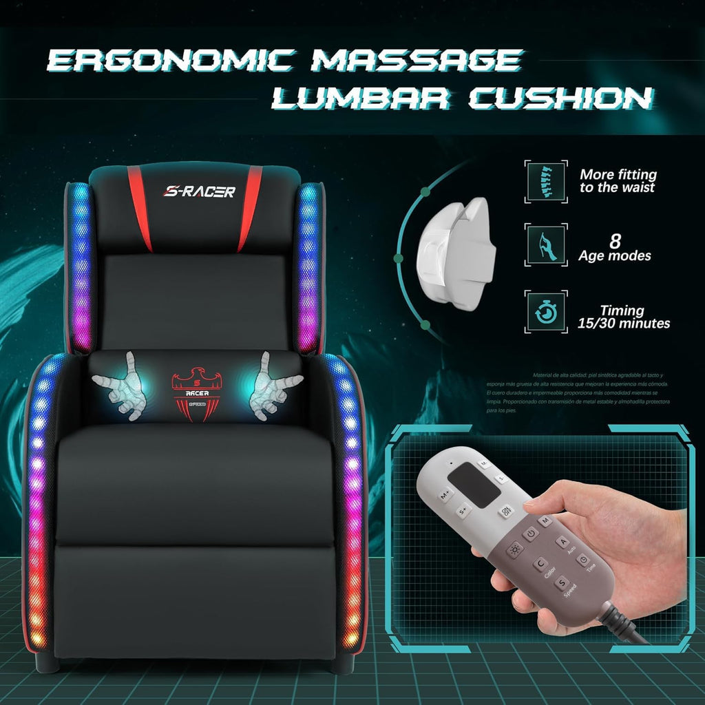 Homall LED Gaming Massage Recliner Chair Racing Style Single Living Room Sofa Comfortable Ergonomic Home Theater Seating(Red)