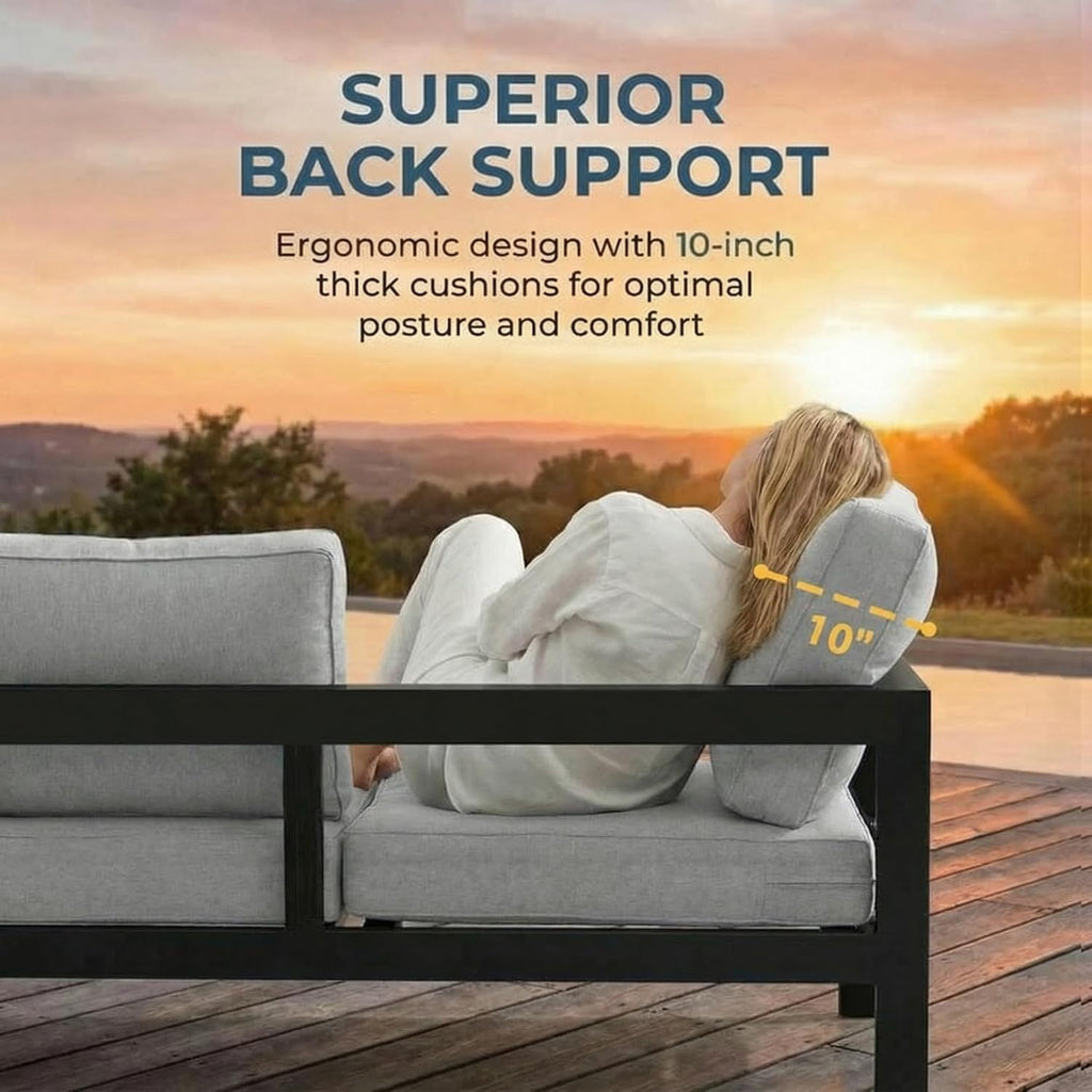 Solaste Aluminum Patio Furniture Set for All Weather, Oversized Metal Outdoor Furniture with 27.5' Deep Seating and 3.2' Wide Armrest, Patio Conversation Set with 10'' Back Cushion, Black and Grey