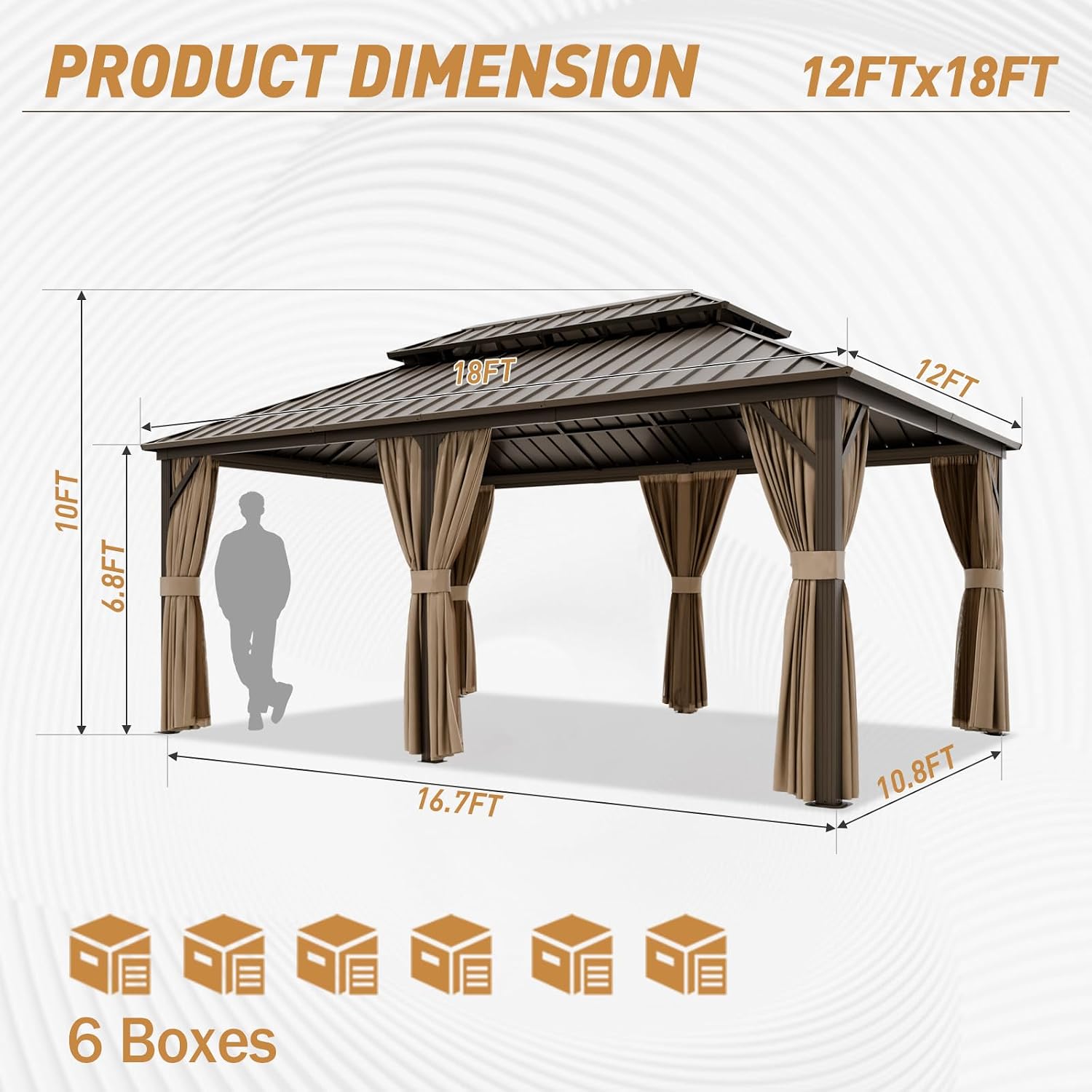 12x18 Hardtop Gazebo with Netting and Curtains, Galvanized Steel Double Roof Outdoor Pavilion with Aluminum Frame, Patio Gazebo for Deck, Garden, Lawn, Dark Brown/Tan