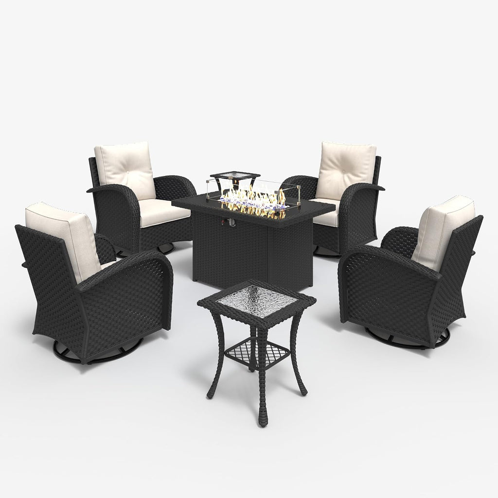 LayinSun 7 Pieces Outdoor Patio Furniture Set with Fire Pit Table, Rattan Wicker Sectional Swivel Rocker Chairs Sets