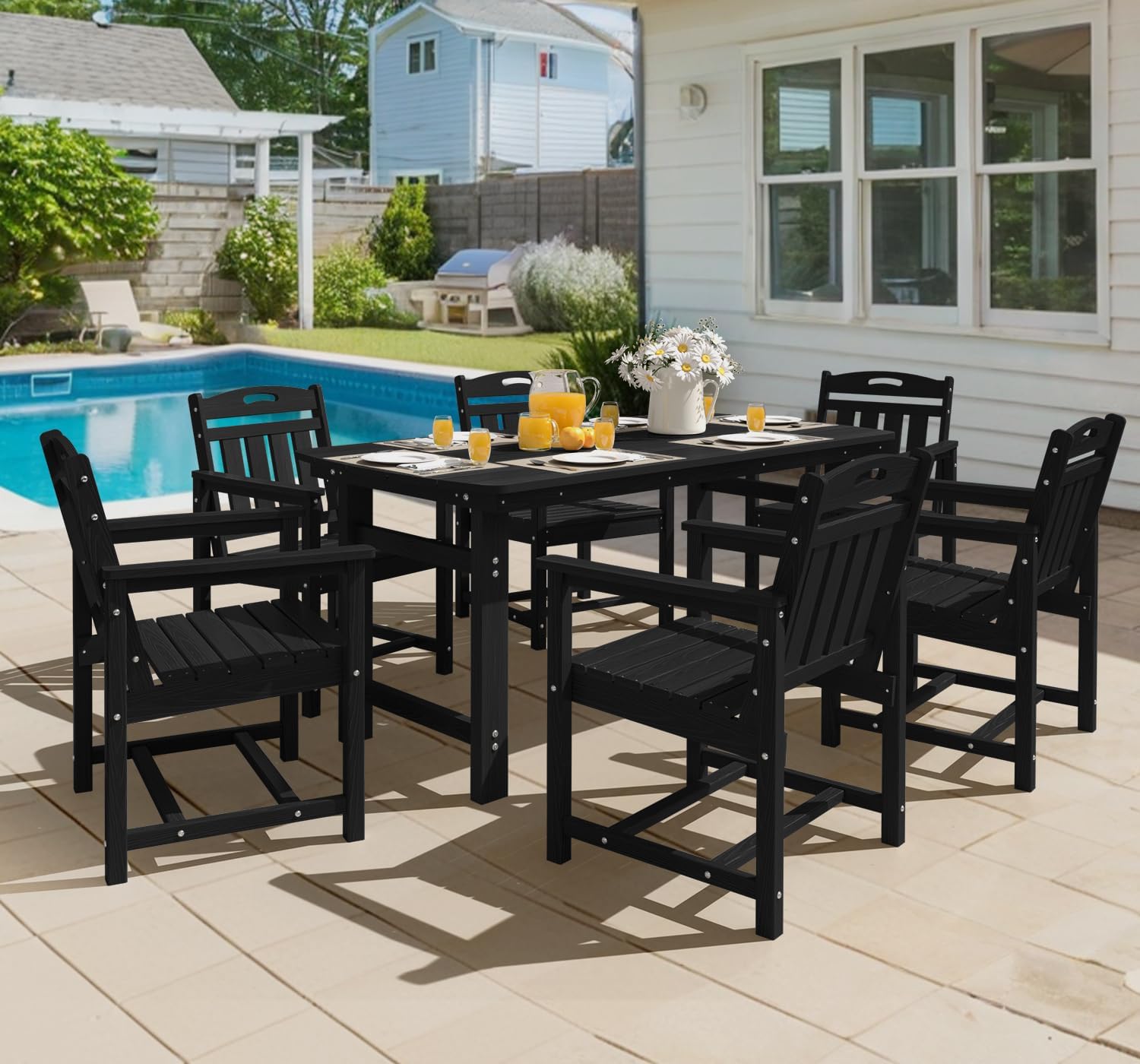 Ciokea HDPE Outdoor Dining Table with Umbrella Hole,66' Rectangle Patio Table for 6,All-Weather Outdoor Patio Furniture Set for Garden Backyard,Black