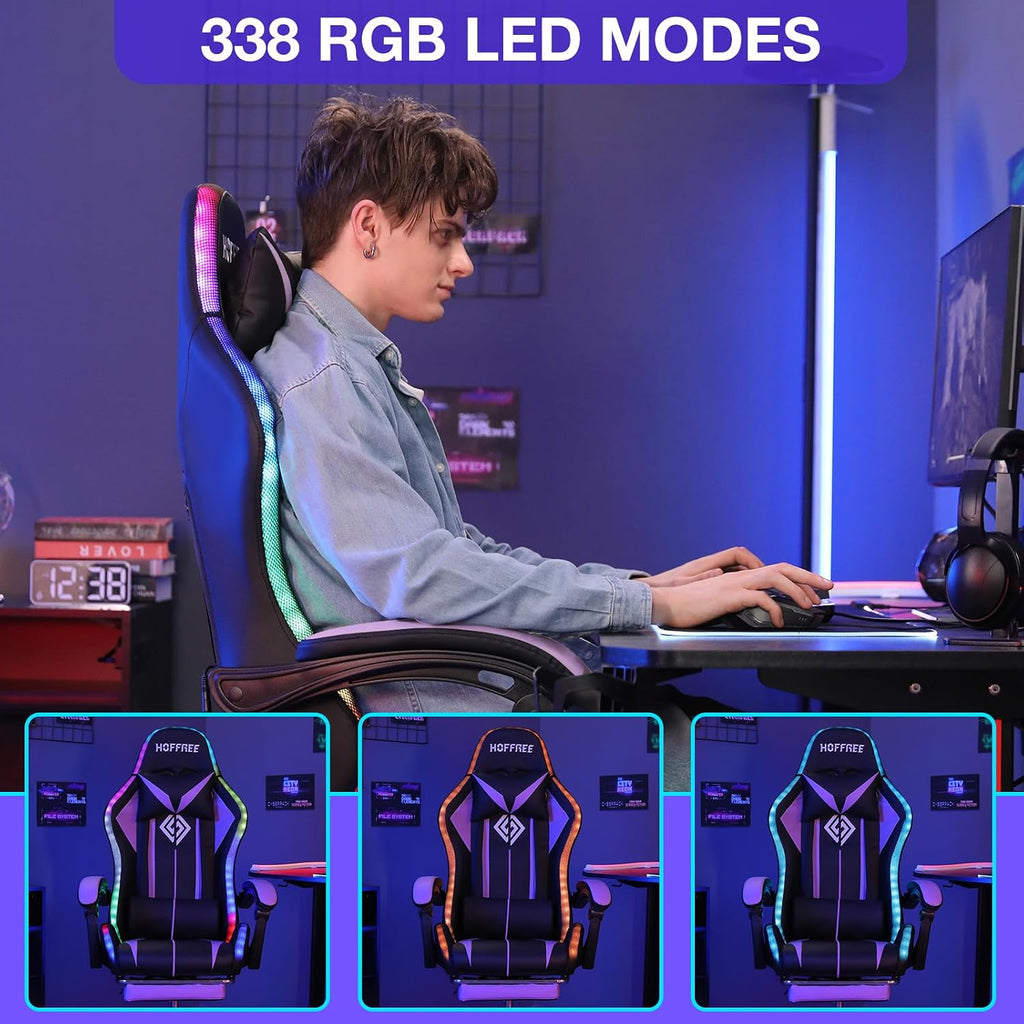 RGB Gaming Chair Massage with LED Lights Ergonomic Computer Gaming Chair with Footrest High Back Video Game Chairs with Adjustable Lumbar Support Purple and Black