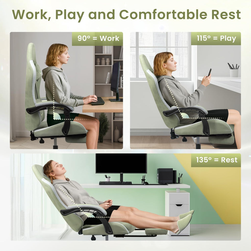 N-GEN GAMING Video Gaming Chair Office Computer Desk Use Ergonomic Reclining Backrest Adjustable Armrests Lumbar Support Footrest High Density Foam Breathable Fabric Heavy Duty Base (Green)