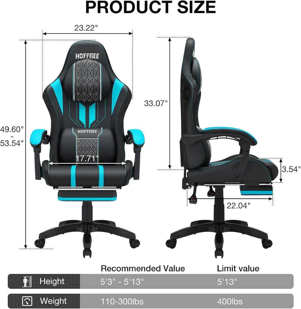 HOFFREE Led Gaming Chair with Speakers and Massage Video Game Chair Big and Tall for 400lbs with Footrest Reclining High Back Computer Desk Chair Blue and Black