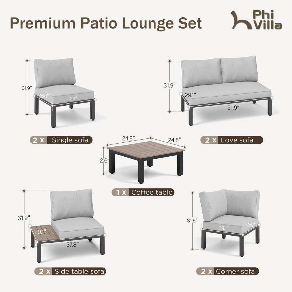 PHI VILLA 9 Pieces Metal Patio Furniture Set, Modular Outdoor Sectional Conversation Set with Coffee Table & Removable Light Grey Cushions - Perfect for Backyard & Garden