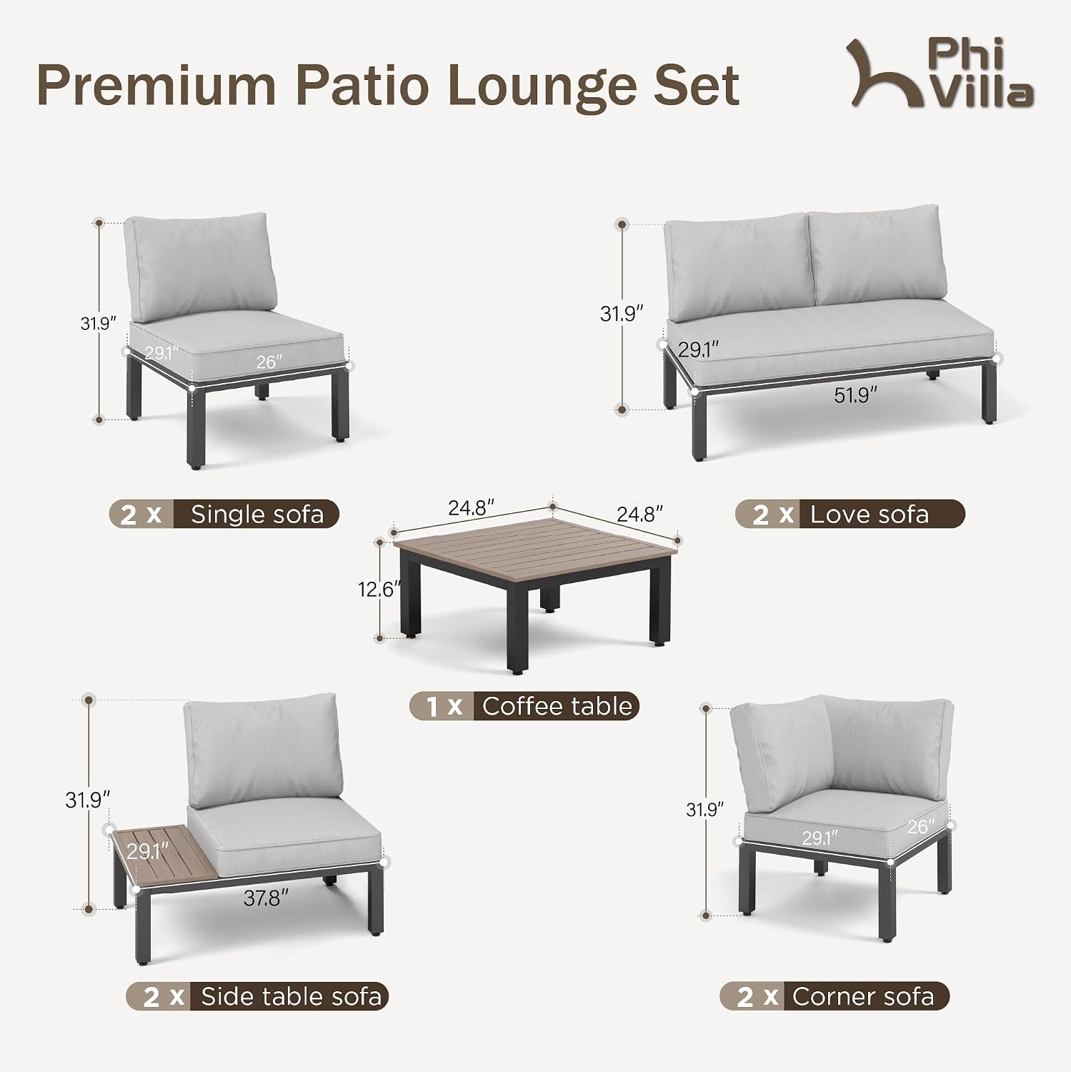 PHI VILLA 9 Pieces Metal Patio Furniture Set, Modular Outdoor Sectional Conversation Set with Coffee Table & Removable Light Grey Cushions - Perfect for Backyard & Garden