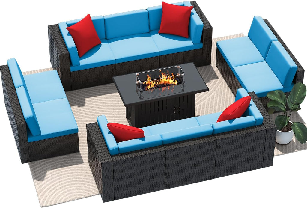 Greesum Patio Furniture Sets 11-Pieces Outdoor PE Rattan Sectional Sofa w/43in Gas Fire Pit Table 55000 BTU Add Warmth to Gatherings Parties On Deck Garden Backyard,Blue