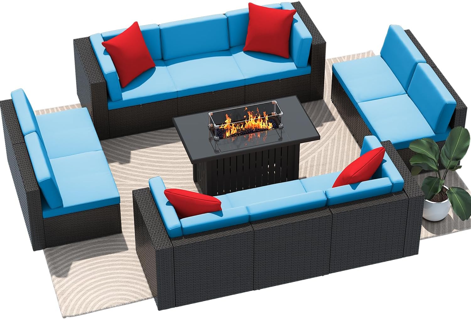 Greesum Patio Furniture Sets 11-Pieces Outdoor PE Rattan Sectional Sofa w/43in Gas Fire Pit Table 55000 BTU Add Warmth to Gatherings Parties On Deck Garden Backyard,Blue