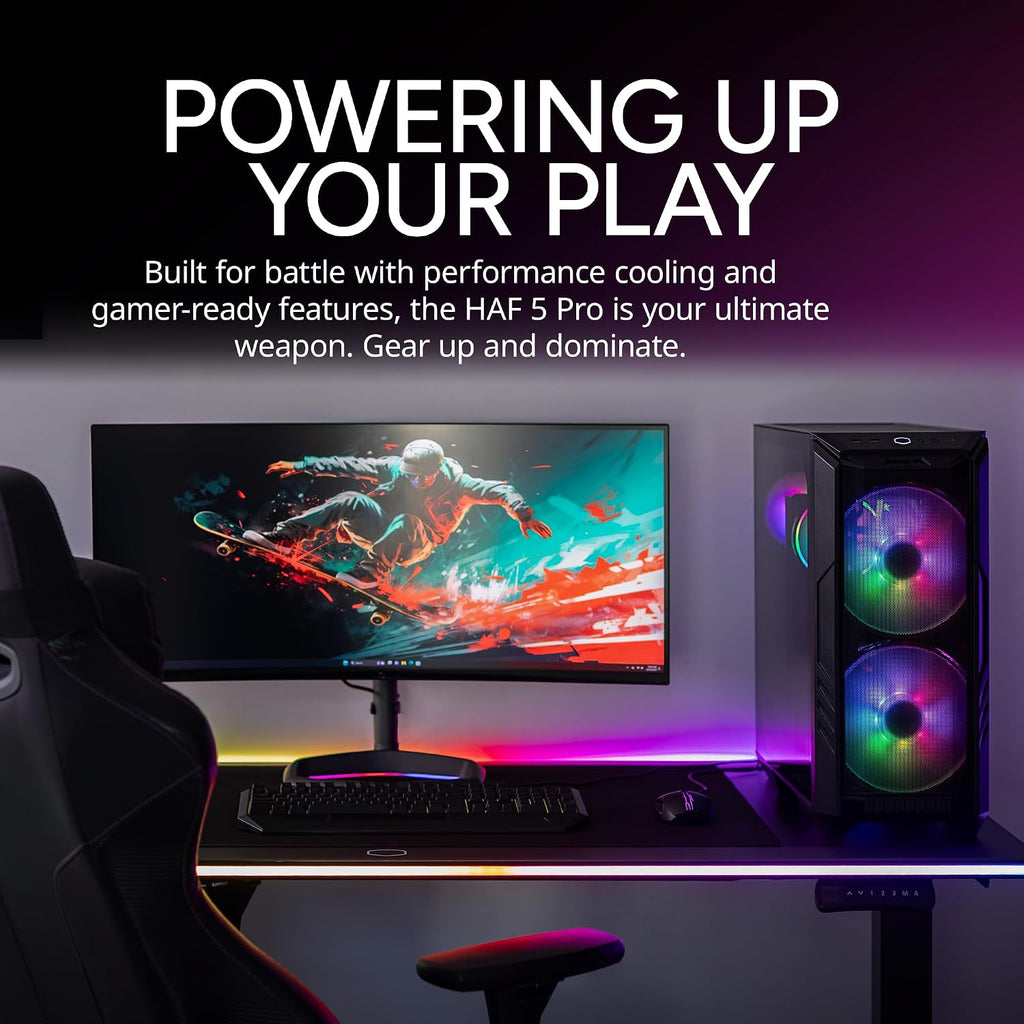Cooler Master HAF 5 Pro Gaming PC – AMD RYZEN 7 7800X3D, NVIDIA GeForce RTX 5070 12GB, 32GB DDR5 6000MHz, 2TB Gen4 M.2, Windows 11, V Platinum 1100 V2 PSU, Hyper 212 Halo, ATX Desktop PC