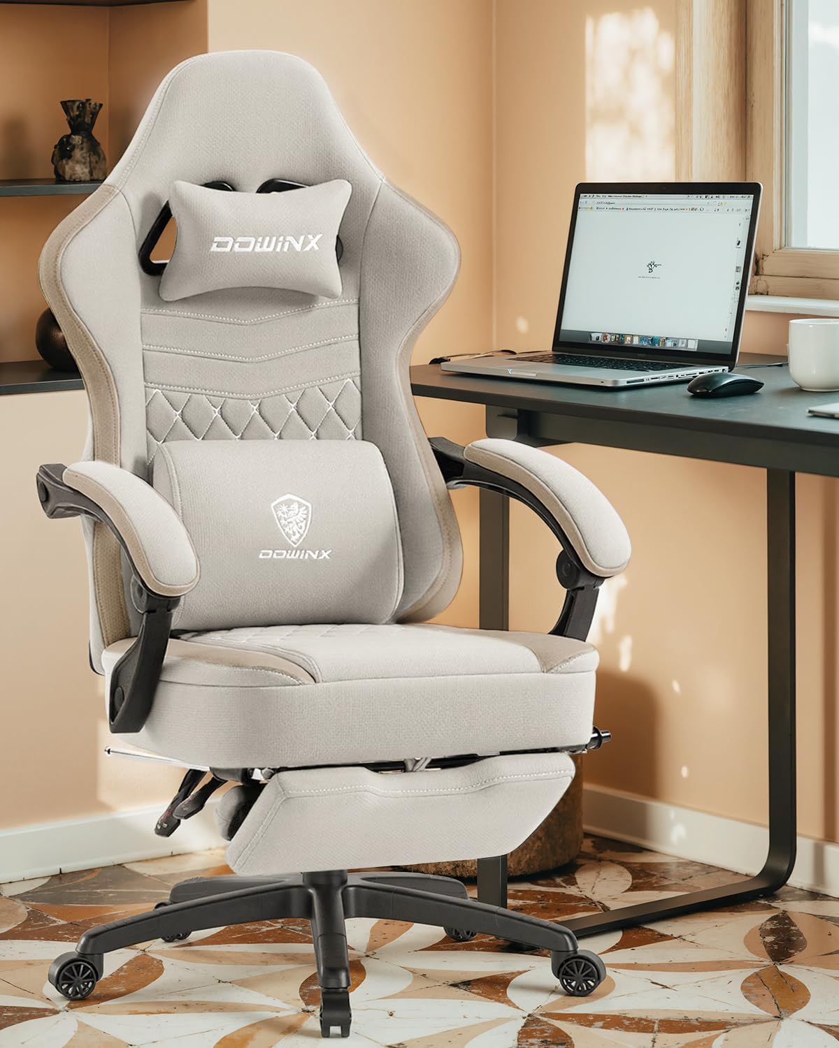Dowinx Gaming Chair Breathable Fabric Game Chair with Gel Pad and Storage Bag, Comfortable Gamer Chair with Pocket Spring Cushion, Ergonomic Computer Chair with Footrest, Beige and Brown