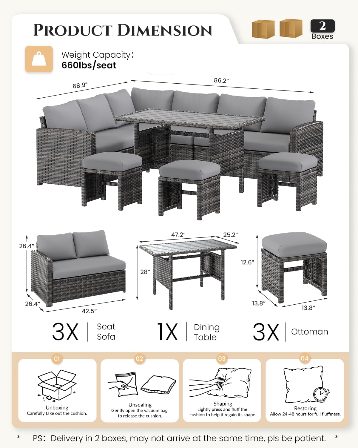 U-MAX 7 Pieces Patio Furniture Set, Outdoor Sectional Sofa Conversation Set, All Weather Wicker Rattan Dining Table & Chair with Ottoman, Grey Rattan&Grey Cushion