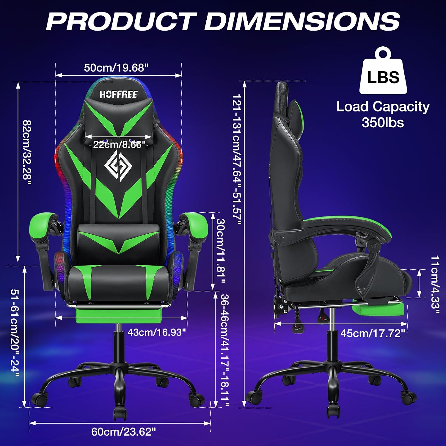 HOFFREE Gaming Chair with LED RGB Lights Massage Ergonomic Video Game Chairs with Footrest High Back Reclining Computer Chair with Adjustable Lumbar Support Green and Black